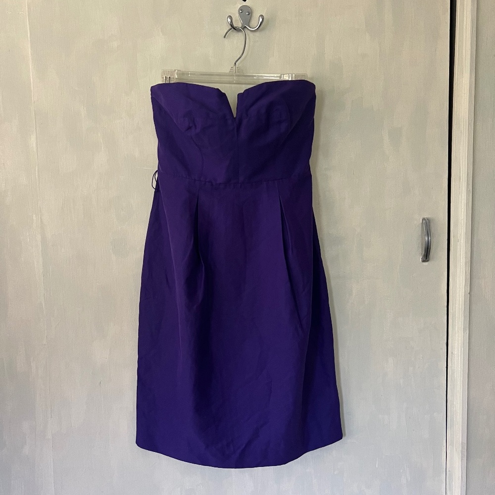 Summer wedding guest royal purple silk blend strapless cocktail dress